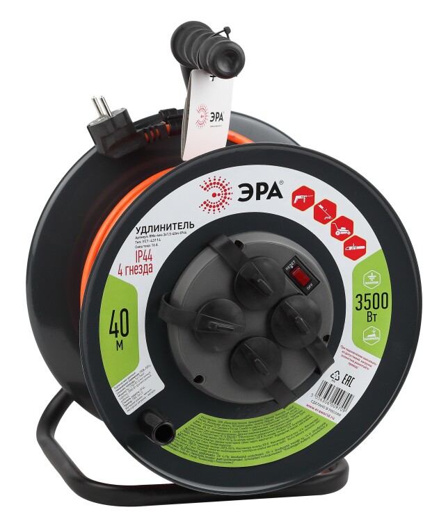 Удлинитель силовой ЭРА RMx-4es-3x1.5-40m-IP44 на м. катушке c/з 4 гн 40м ПВС 3х1.5 | Б0046851 | ЭРА