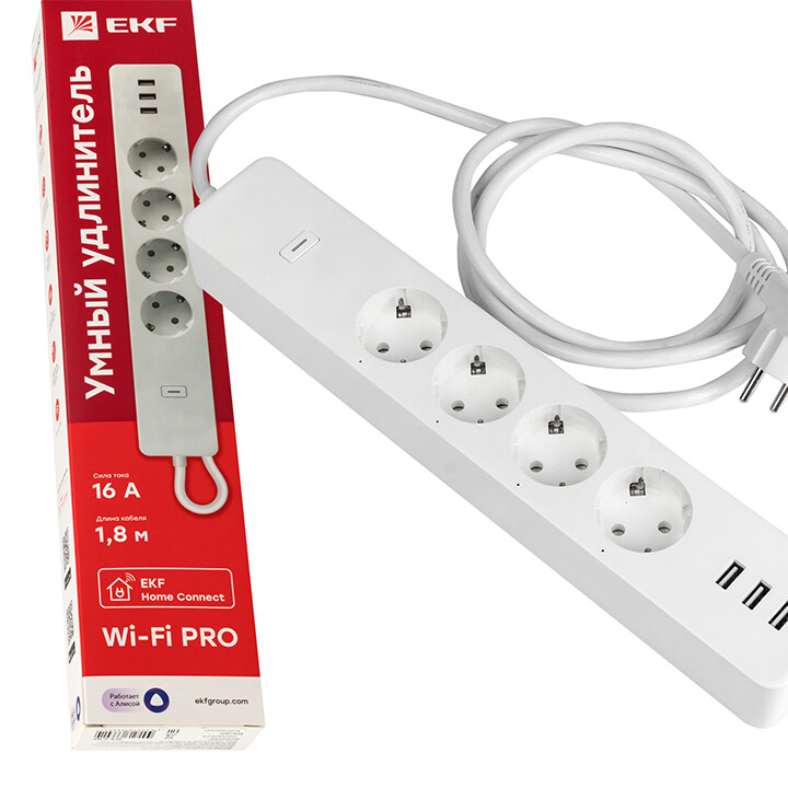 Удлинитель Умный с управлением по Wi-Fi PRO 4 гнезда + 3хUSB с выкл. бел. HomeConnect | RCE-2-WF | EKF