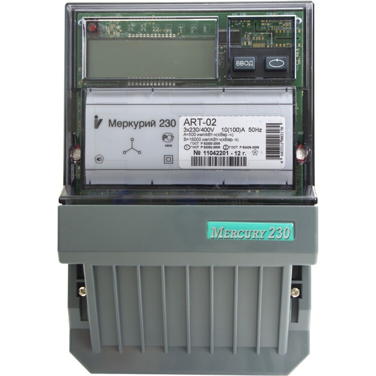 Счетчик Меркурий 230 ART-02 PQRSIN 10-100А/400В (мнтар.) ЖКИ (монт. пл.)