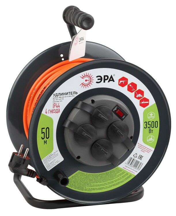 Удлинитель силовой ЭРА RMx-4es-3x1.5-50m-IP44 на м. катушке c/з 4 гн 50м ПВС 3х1.5 | Б0046852 | ЭРА