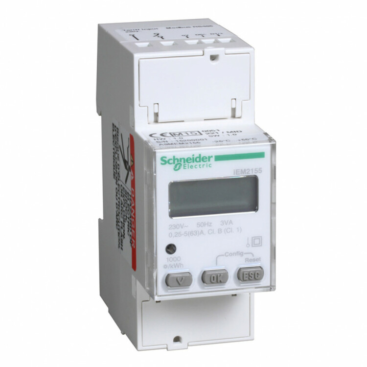 Счетчик iEM2155, 1-ф, 63A, 2 тарифа, RS-485 MID | A9MEM2155 | Schneider Electric