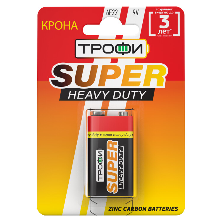 Батарейка солевая (ЭП) 6F22-1BL (12/96/5760) (Крона) | Б0023144 | ТРОФИ