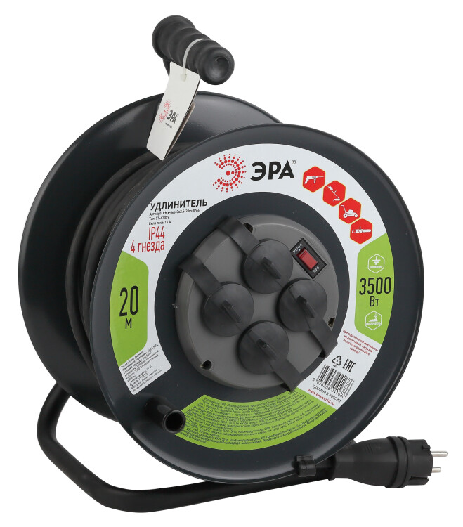 Удлинитель силовой ЭРА RMx-4es-3x2.5-20m-IP44(KG) на м. катушке c/з 4 гн 20м КГ 3х2.5 | Б0043057 | ЭРА