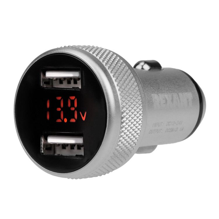 Автозарядка в прикуриватель 2хUSB с дисплеем (АЗУ) (1000+2100 mA) серебристая | 18-1947 | REXANT