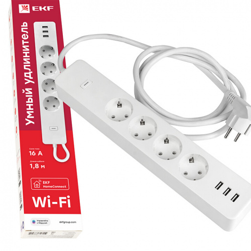 Удлинитель Умный с управлением по Wi-Fi 4 гнезда + 3хUSB с выкл. бел. HomeConnect | RCE-1-WF | EKF