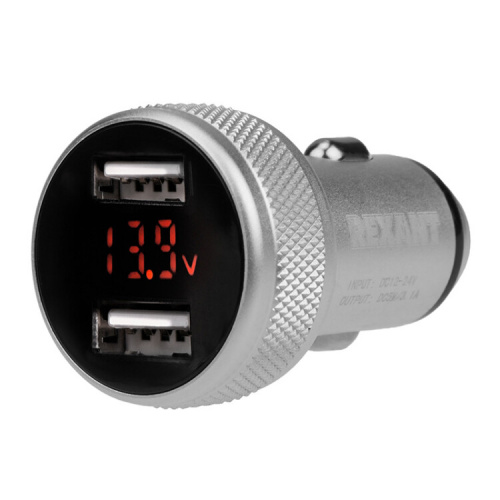 Автозарядка в прикуриватель 2хUSB с дисплеем (АЗУ) (1000+2100 mA) серебристая | 18-1947 | REXANT